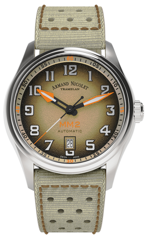 mechanical automatic beige & orange watch with khaki canvas strap
