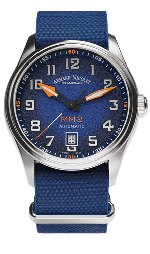 mechanical automatic blue & orange watch with blue NATO strap