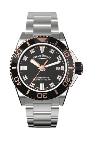 mechanical automatic black and rose gold color watch with stainless steel bracelet