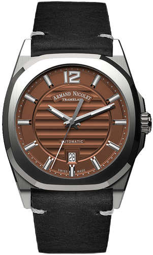 mechanical automatic brown watch with black vintage calf strap