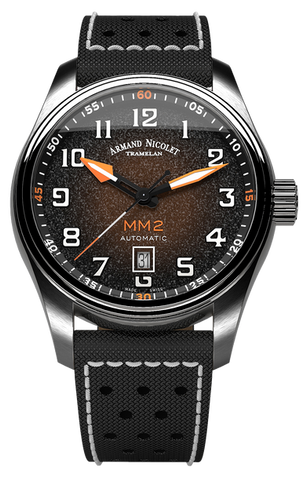 mechanical automatic black and orange watch with black canvas strap