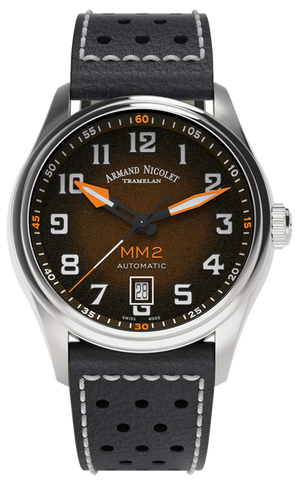 mechanical automatic black & orange watch with black leather strap
