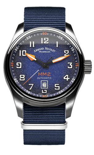 mechanical automatic blue & orange watch with blue NATO strap