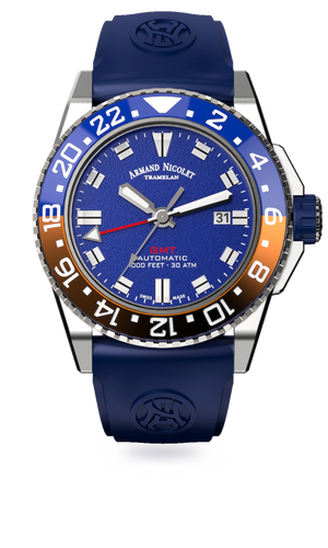 mechanical automatic blue GMT watch with blue rubber strap