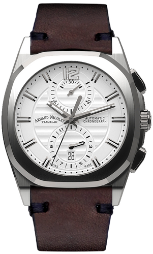 mechanical automatic silvered watch with brown vintage calf strap