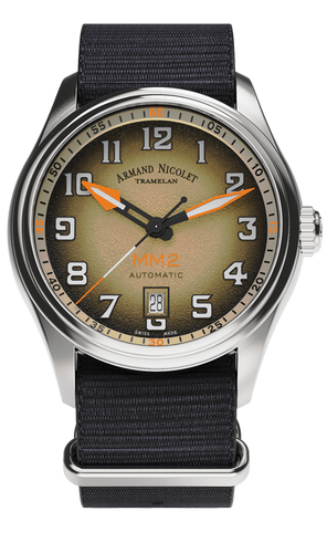 mechanical automatic beige & orange watch with black NATO strap