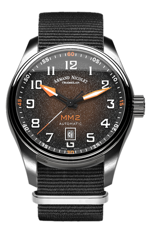 mechanical automatic black & orange watch with black NATO strap