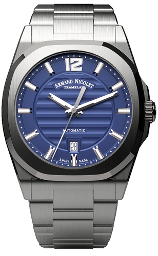 mechanical automatic blue watch with stainless steel bracelet