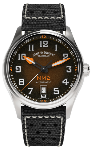 mechanical automatic black & orange watch with black canvas strap
