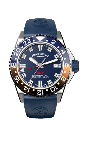 mechanical automatic GMT blue watch with blue rubber strap
