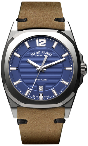 mechanical automatic blue watch with camel tone vintage calf strap