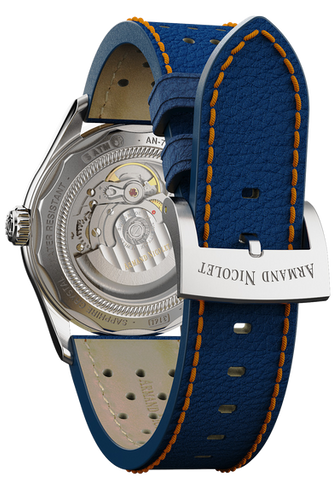 mechanical automatic blue & orange watch with blue leather strap