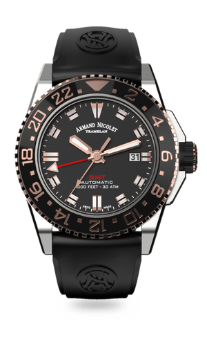 mechanical automatic GMT black and rose gold color watch with black rubber strap