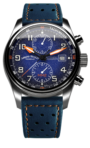 mechanical automatic blue & orange watch with blue leather strap