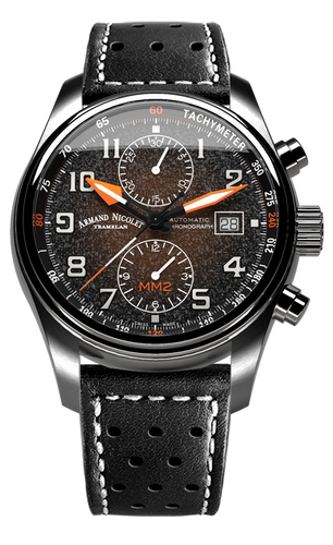 mechanical automatic black & orange watch with black leather strap