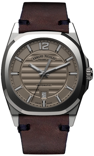 mechanical automatic grey watch with brown vintage calf strap