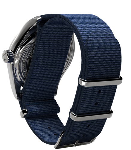 mechanical automatic blue & orange watch with blue NATO strap