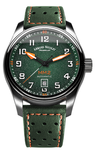 mechanical automatic green & orange watch with green leather strap