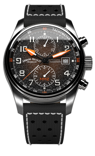 mechanical automatic black & orange watch with black canvas strap
