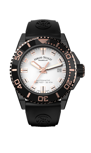 mechanical automatic silvered and rose gold color watch with black rubber strap