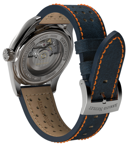 mechanical automatic blue & orange watch with blue leather strap