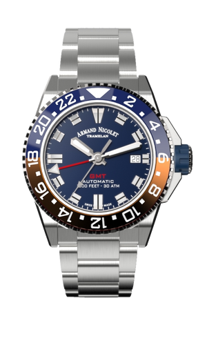 mechanical automatic GMT blue watch with stainless steel bracelet