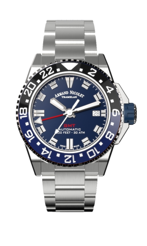 mechanical automatic GMT blue watch with stainless steel bracelet
