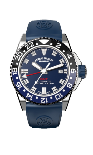 mechanical automatic GMT blue watch with blue rubber strap