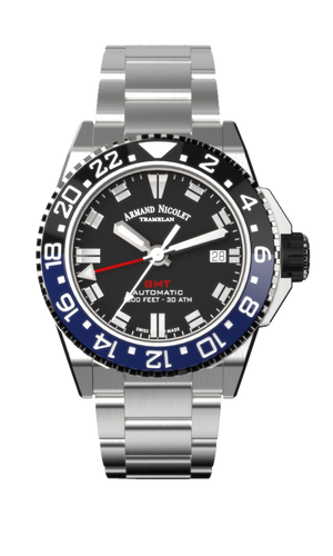 mechanical automatic GMT black watch with stainless steel bracelet