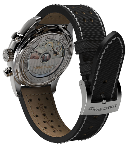 mechanical automatic black & orange watch with black canvas strap