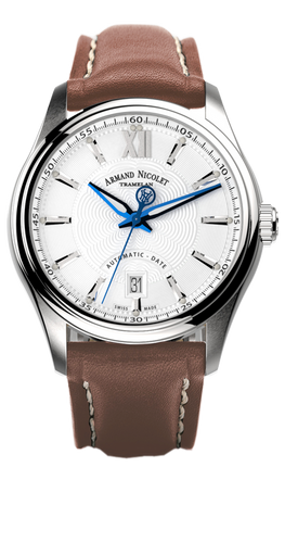 mechanical automatic white watch with brown leather strap