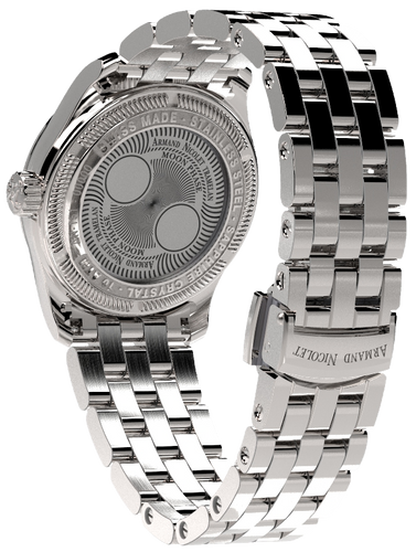 quartz moon phase silvered and white watch with stainless steel bracelet