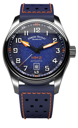 mechanical automatic blue and orange watch with blue canvas strap
