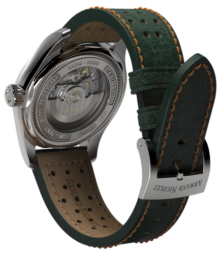 mechanical automatic green & orange watch with green leather strap