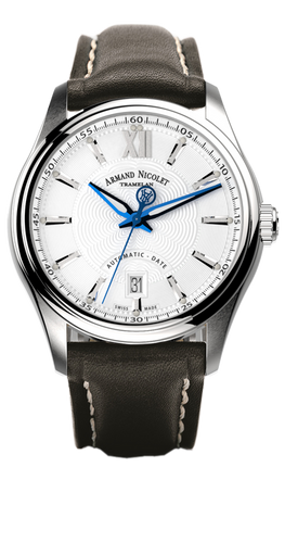 mechanical automatic white watch with black leather strap