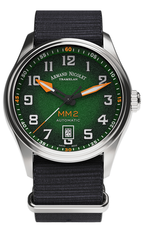 mechanical automatic green & orange watch with black NATO strap