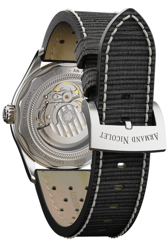 mechanical automatic black & orange watch with black canvas strap