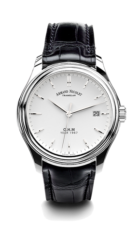 mechanical automatic silvered watch with black alligator strap