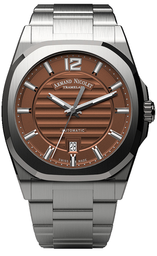 mechanical automatic brown watch with stainless steel bracelet