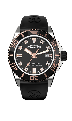mechanical automatic black and rose gold color watch with black rubber strap