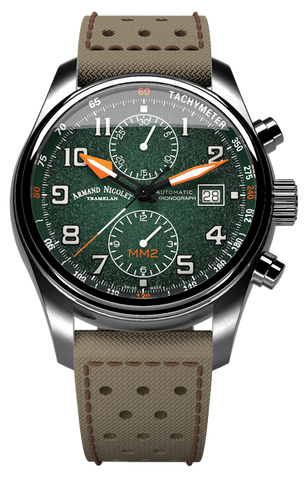 mechanical automatci green and orange watch with khaki canvas strap