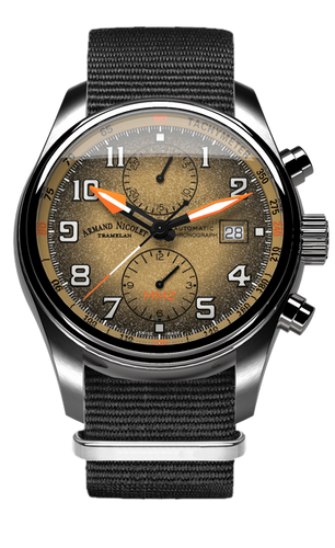 mechanical automatic beige & orange watch with black NATO strap