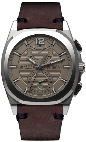 mechanical automatic grey watch with brown vintage calf strap