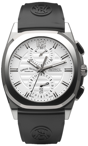 mechanical automatic silvered watch with black rubber strap