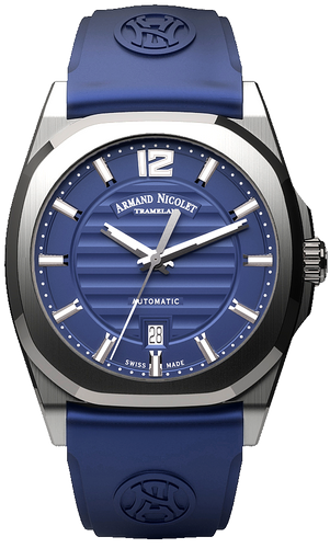 mechanical automatic blue watch with blue rubber strap