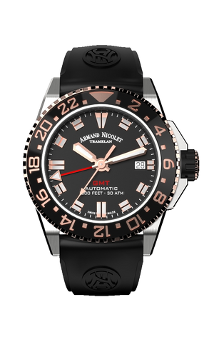 mechanical automatic GMT black and rose gold color watch with black rubber strap