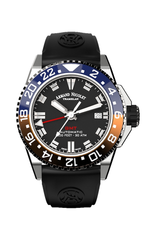 mechanical automatic GMT black watch with black rubber strap