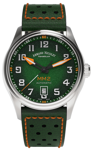 mechanical automatic green & orange watch with green leather strap