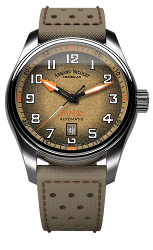 mechanical automatic beige and orange watch with beige canvas strap