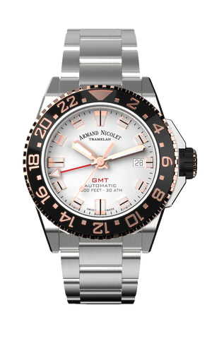 mechanical automatic silvered and gold rose color GMT watch with stainless steel bracelet